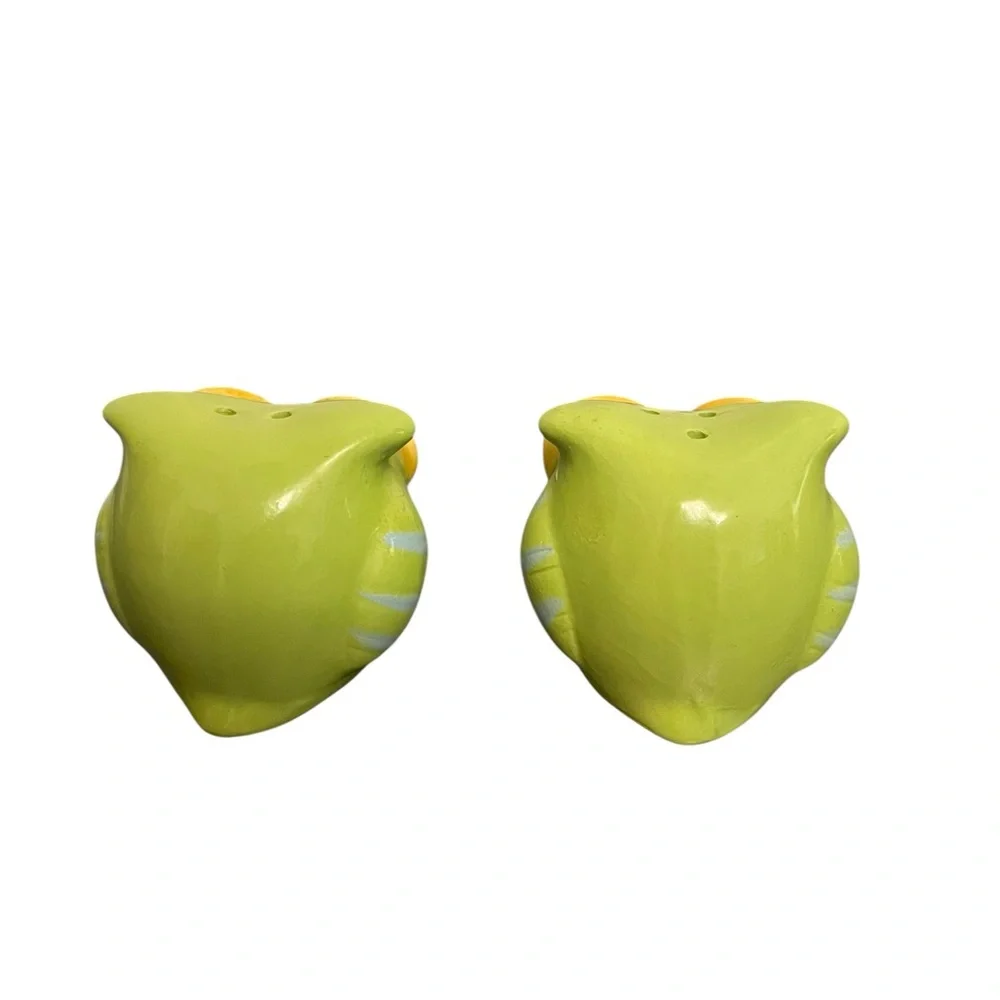 Vintage Owl Salt and Pepper Shakers Green Yellow Ceramic Bird Set - Picture 3 of 4